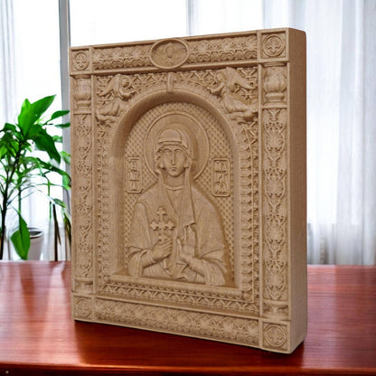 Saint Marina Wooden Carved Handmade Christian Icon. Byzantine Greek Orthodox Home Art Decor.