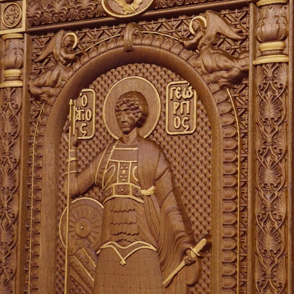 Saint George Wooden Carved Handmade Christian Icon. Byzantine Greek Orthodox Home Art Decor.