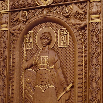 Saint George Wooden Carved Handmade Christian Icon. Byzantine Greek Orthodox Home Art Decor.
