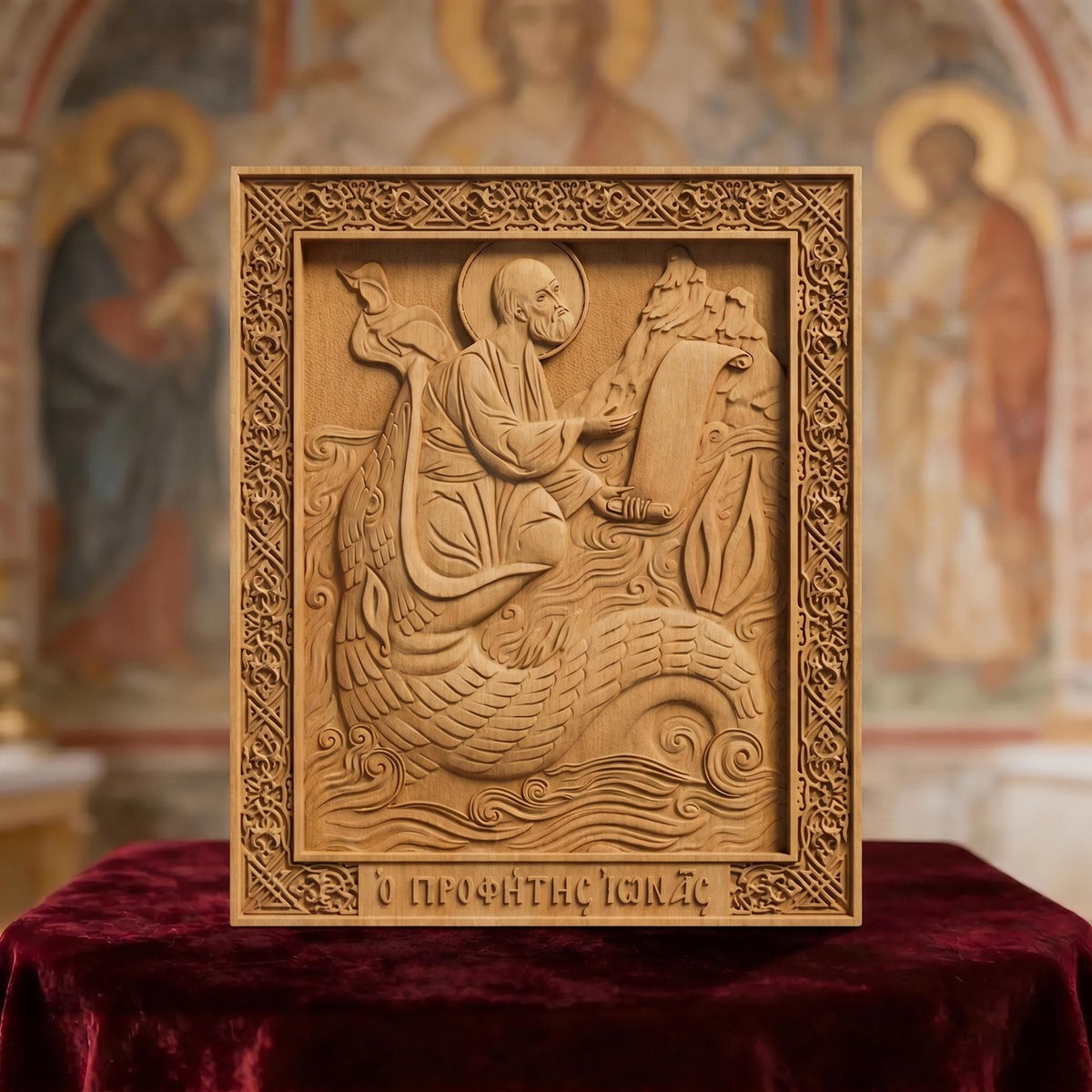 Prophet Jonah Wooden Carved Handmade Christian Icon. Byzantine Greek Orthodox Home Decor.
