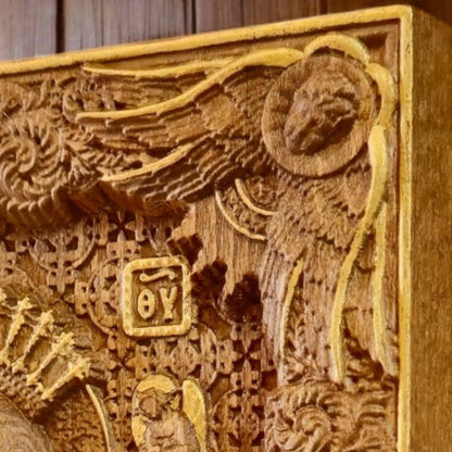 Икона ручной работы из дерева "Богоматерь Аксион Эстин" (Достойно есть). Византийский декор.