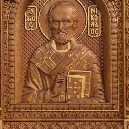 Saint Nicholas Wooden Carved Handmade Christian Icon. Byzantine Greek Orthodox Home Art Decor.