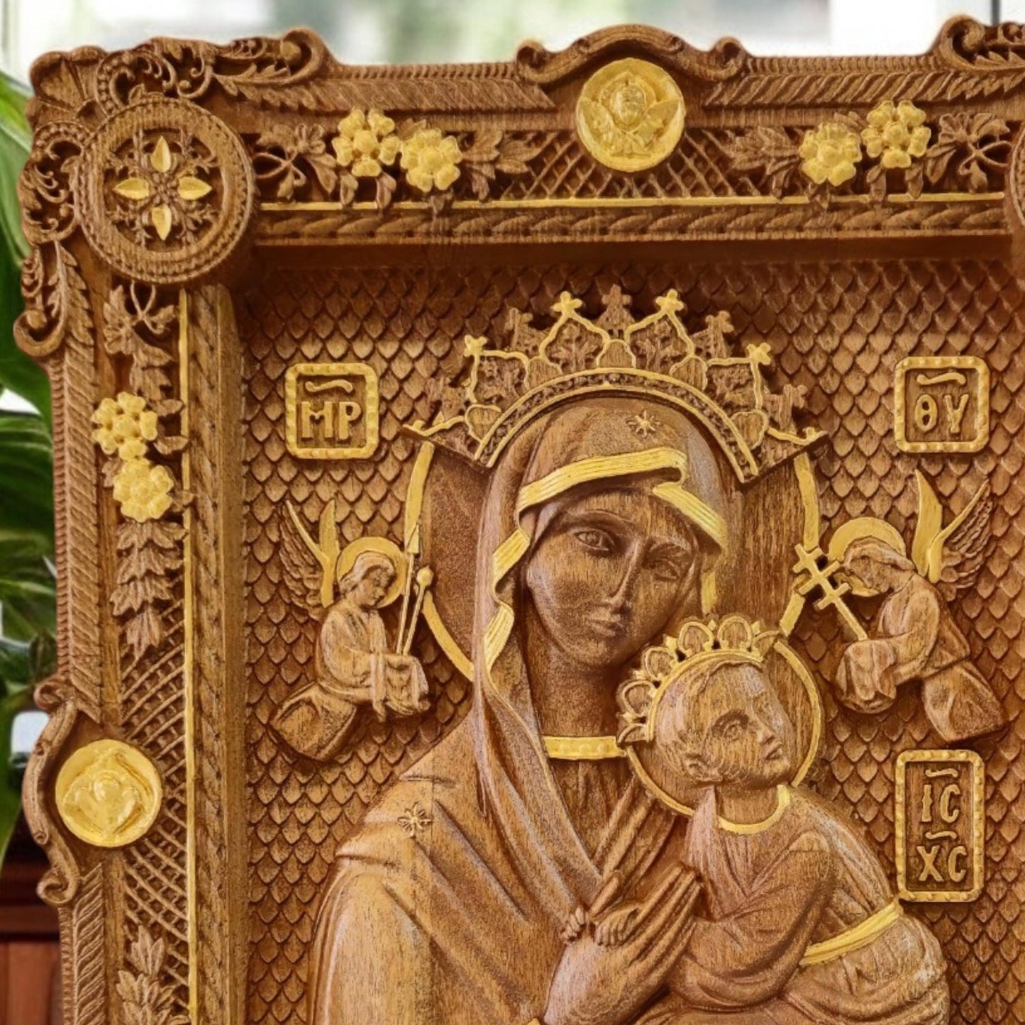 Virgin Mary of Perpetual Help Wooden Carved Handmade Christian Icon. Byzantine Greek Orthodox Decor.