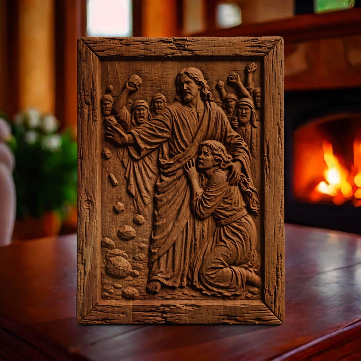 Jesus Christ Protects the Sinful Woman Wooden Carved Handmade Christian Icon  Byzantine Greek Orthodox Home Art Decor Cretan Holy Carvings