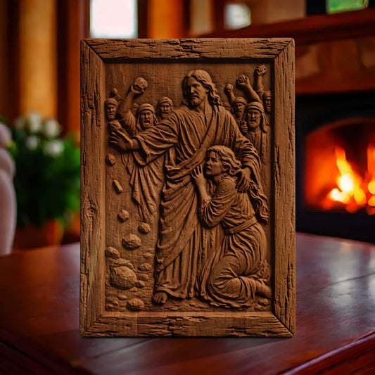 Jesus Christ Protects the Sinful Woman Wooden Carved Handmade Christian Icon  Byzantine Greek Orthodox Home Art Decor Cretan Holy Carvings