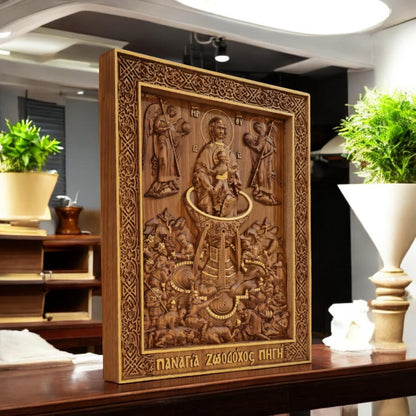 Mother of God Life-giving Spring Wooden Carved Handmade Christian Icon. Byzantine Greek Orthodox Decor.