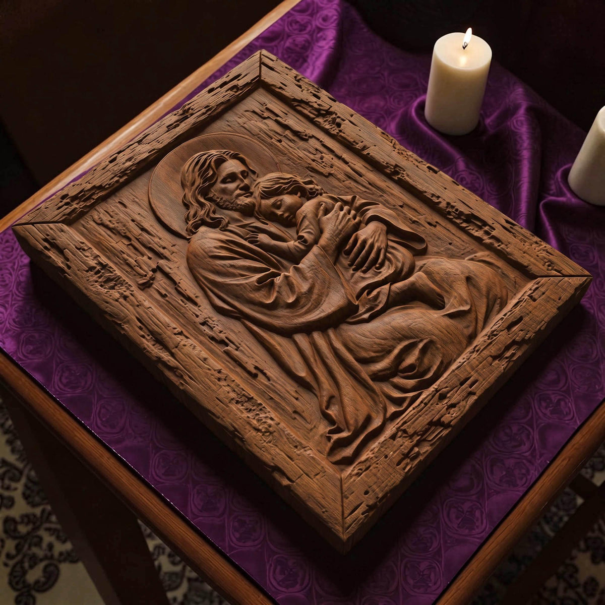 Jesus Holding Child Wooden Carved Handmade Christian Icon | Byzantine Greek Orthodox Home Decor