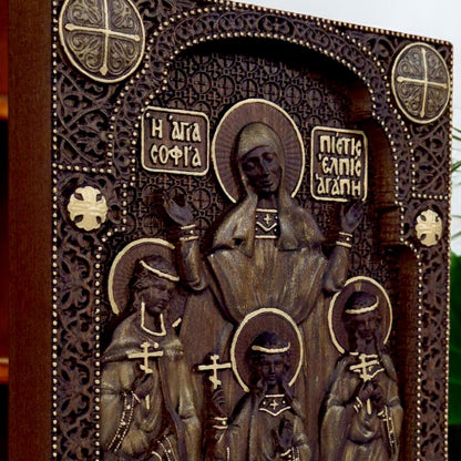 Saints Sophia Faith Hope Love Wooden Carved Handmade Christian Icon. Byzantine Greek Orthodox Decor.