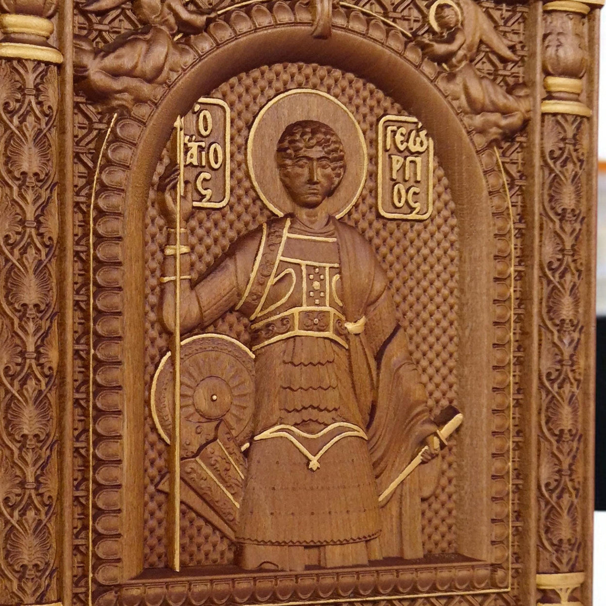 Saint George Wooden Carved Handmade Christian Icon. Byzantine Greek Orthodox Home Art Decor.