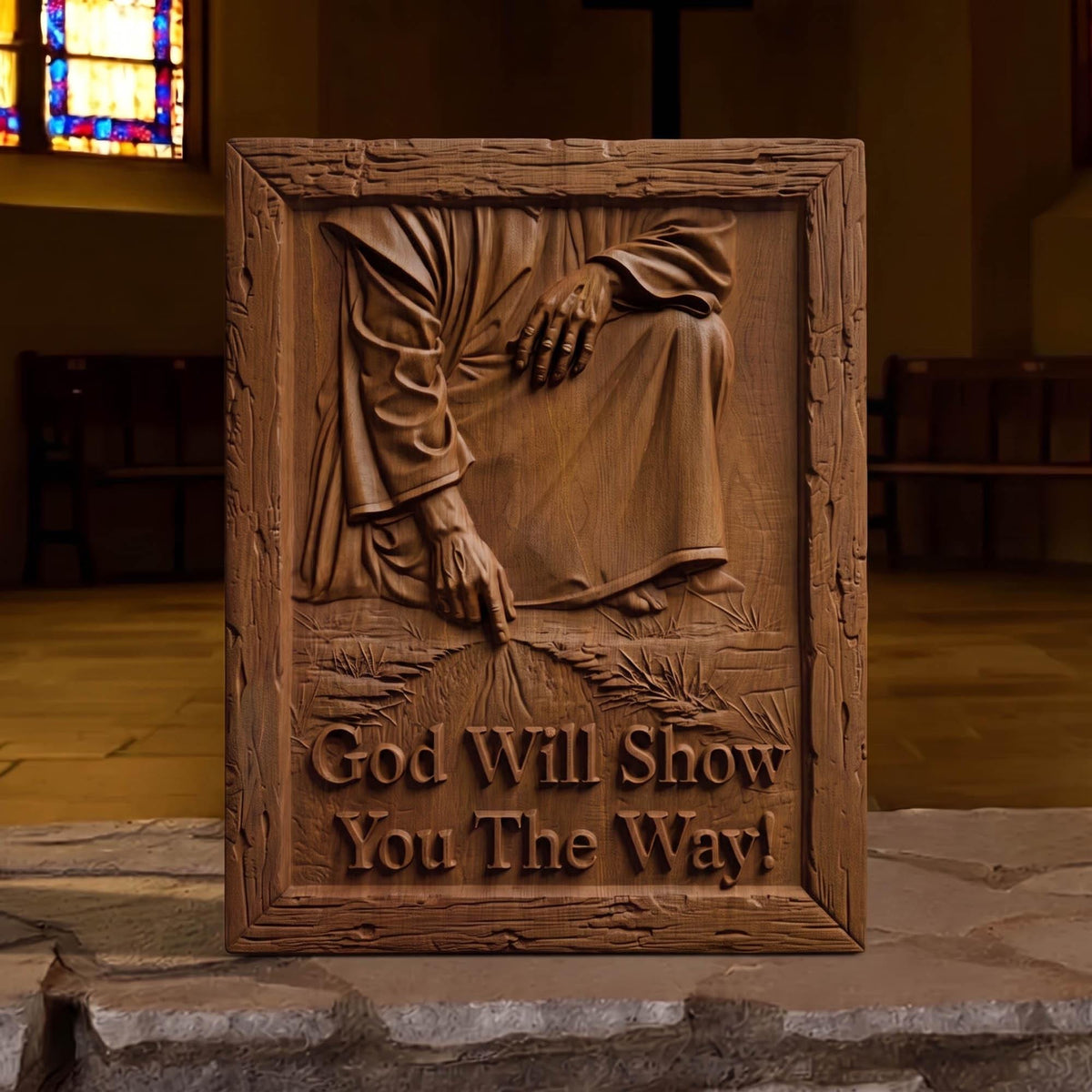 God Will Show You The Way Wooden Carved Handmade Christian Icon  Byzantine Greek Orthodox Home Art Decor Cretan Holy Carvings