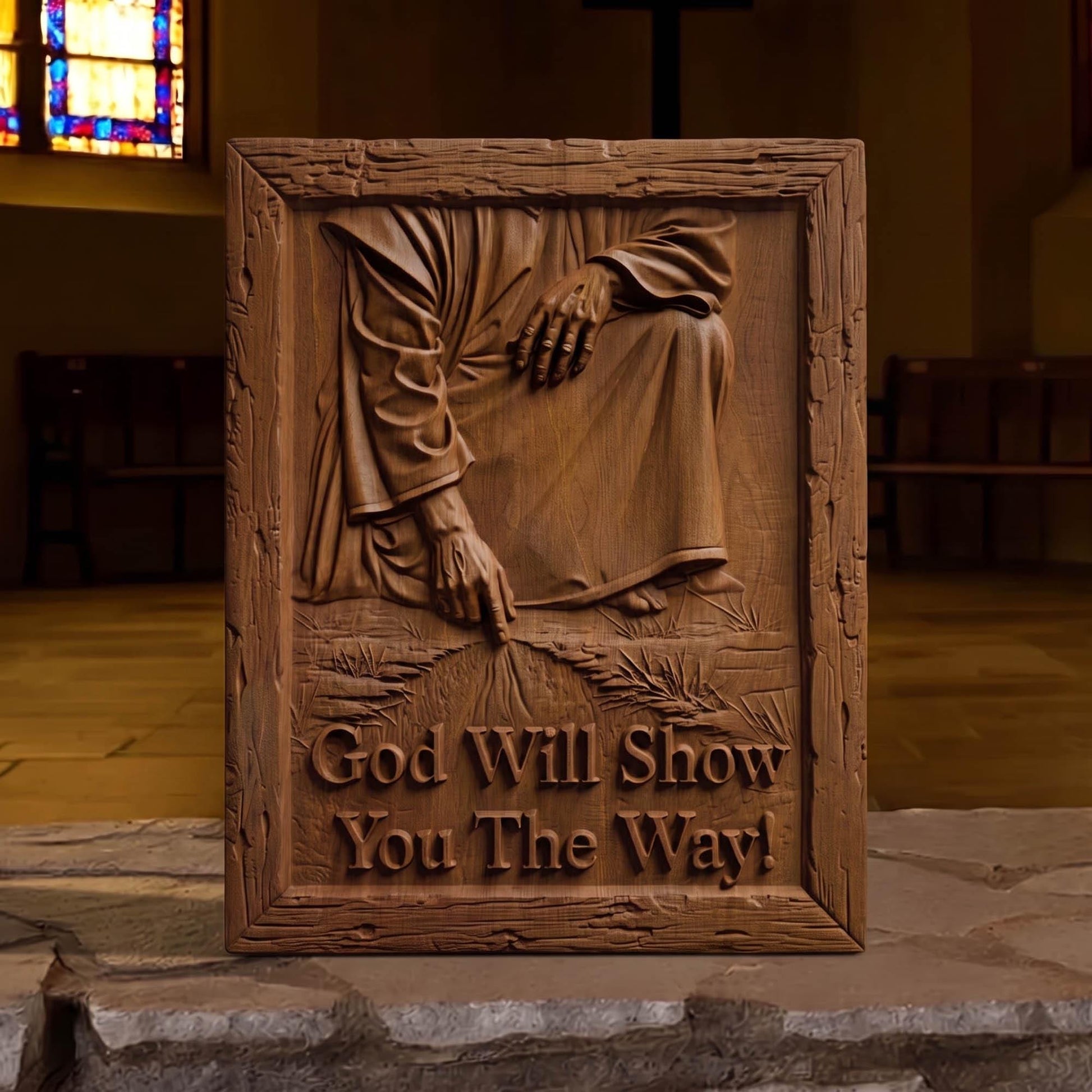 God Will Show You The Way Wooden Carved Handmade Christian Icon  Byzantine Greek Orthodox Home Art Decor Cretan Holy Carvings