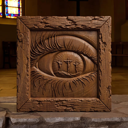 Eye Looking at God Wooden Carved Handmade Christian Icon  Byzantine Greek Orthodox Home Art Decor Cretan Holy Carvings