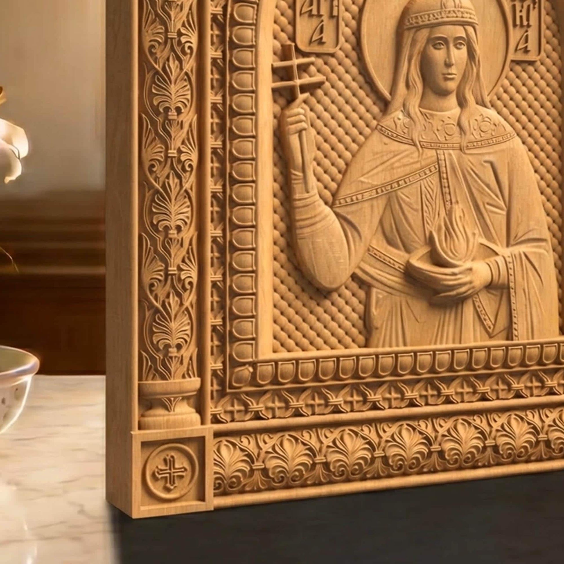 Saint Lucy Patron Saint of Blindness Wooden Carved Handmade Christian Icon | Byzantine Greek Orthodox Home Art Decor