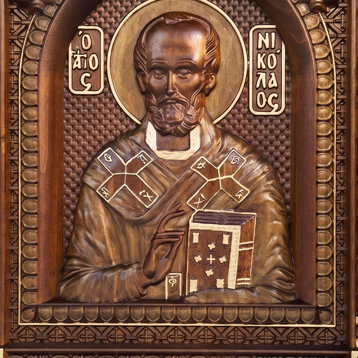 Saint Nicholas Wooden Carved Handmade Christian Icon Patron Saint of Sailors Front Side Golden Dark Cretan Holy Carvings