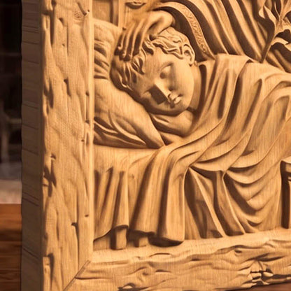 Virgin Mary Protects the Children Wooden Carved Handmade Christian Icon  Byzantine Greek Orthodox Home Decor Cretan Holy Carvings