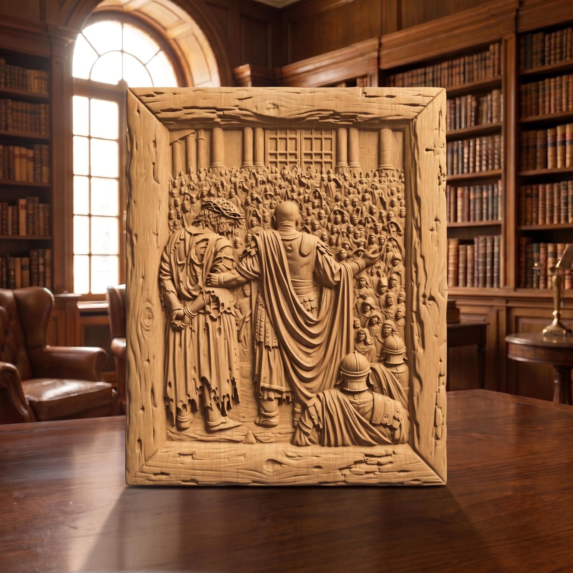 Jesus Christ in Front of the Condemning Crowd Wooden Carved Handmade Christian Icon  Byzantine Greek Orthodox Home Decor Cretan Holy Carvings