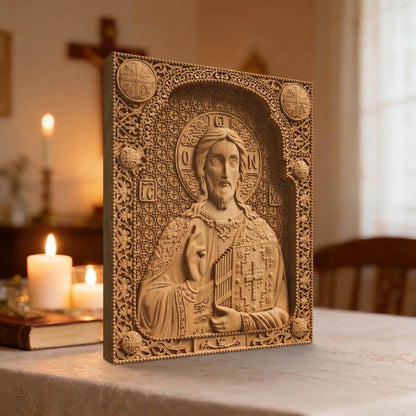 Jesus Christ Wooden Carved Handmade Christian Icon Left Side Natural Wood Color Cretan Holy Carvings