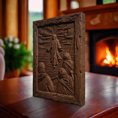 Jesus Christ Walks on the Sea Wooden Carved Handmade Christian Icon  Byzantine Greek Orthodox Home Art Decor Cretan Holy Carvings