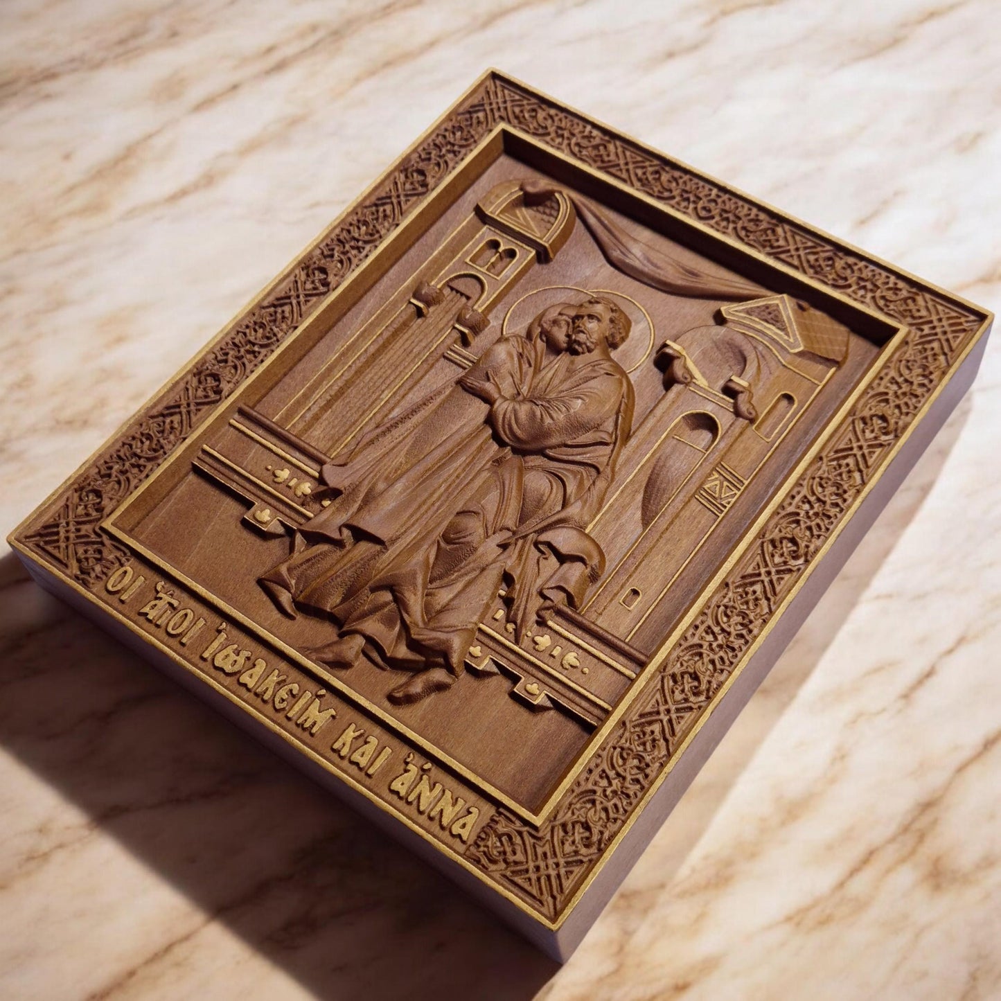 Saints Joachim and Anne Wooden Carved Handcrafted Christian Religious Icon. Byzantine Home Wall Art Decor Gift. Orthodox Greek Sculpture.