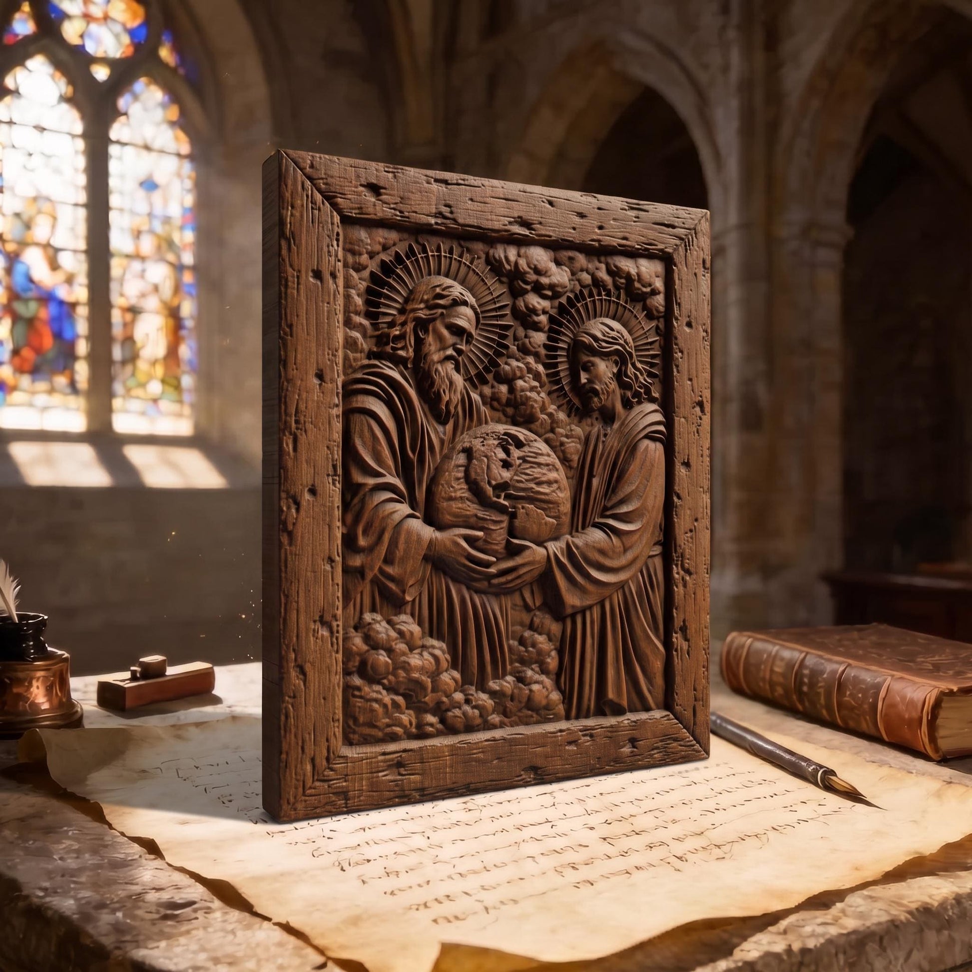 God Creating Earth Wooden Carved Handmade Christian Icon  Byzantine Greek Orthodox Home Decor Cretan Holy Carvings
