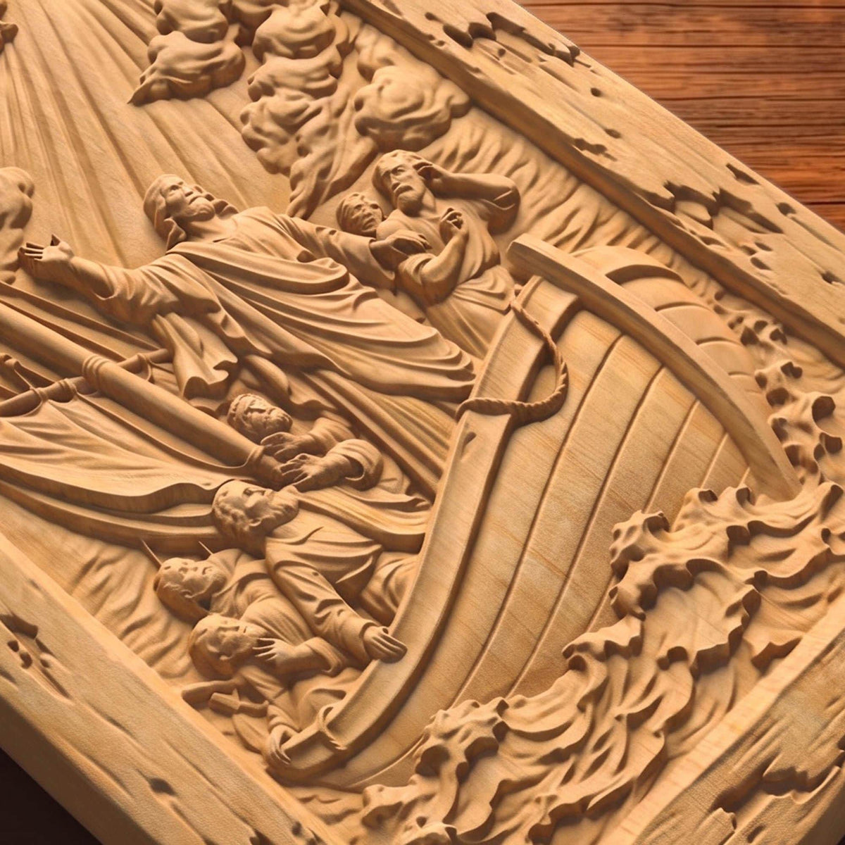 Jesus Calming the Sea Wooden Carved Handmade Christian Icon  Byzantine Greek Orthodox Home Decor Cretan Holy Carvings