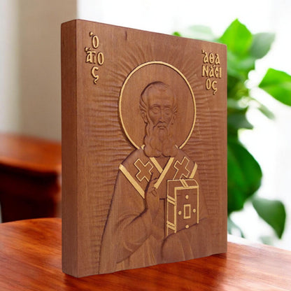Saint Athanasius of Alexandria Wooden Carved Handmade Christian Icon. Byzantine Greek Orthodox Home Decor.