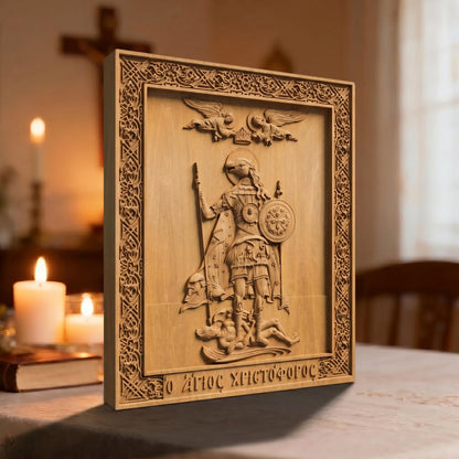 Saint Christopher the Dog Head Wooden Carved Handmade Christian Icon. Byzantine Greek Orthodox Home Decor.