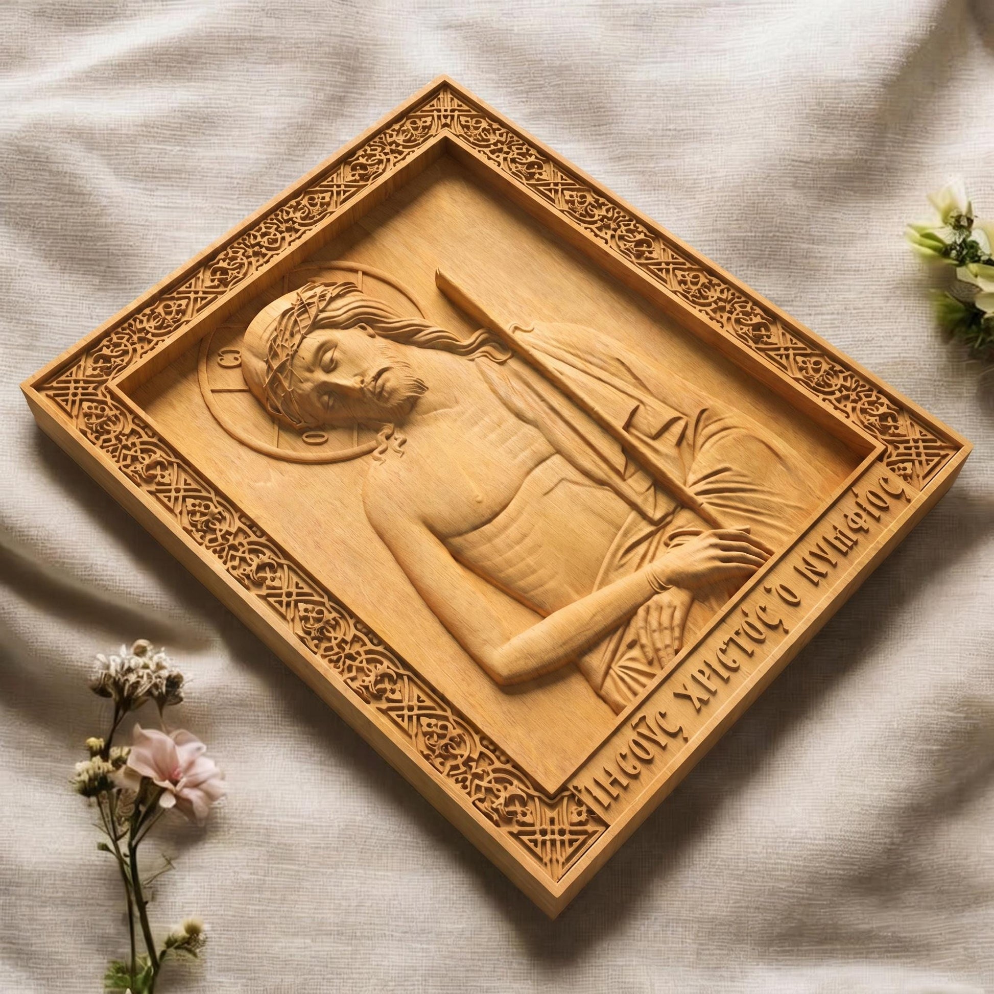 Jesus Christ Bridegroom Wooden Carved Handmade Christian Icon Flat Side Natural Wood Color Cretan Holy Carvings