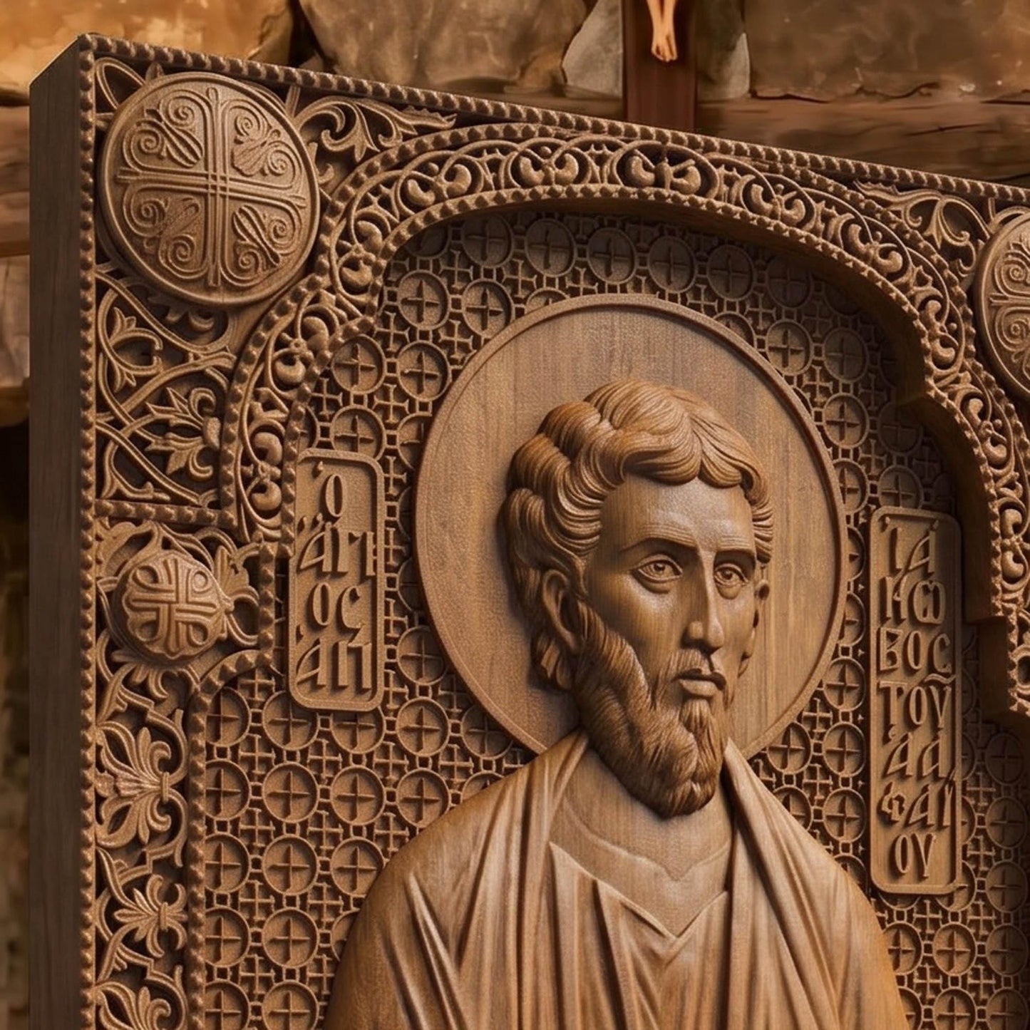 Saint James of Alphaeus the Apostle Wooden Carved Handmade Christian Icon Patron Saint of Pharmacists Left Side Brown Oak Cretan Holy Carvings
