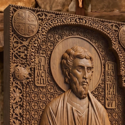 Saint James of Alphaeus the Apostle Wooden Carved Handmade Christian Icon Patron Saint of Pharmacists Left Side Brown Oak Cretan Holy Carvings