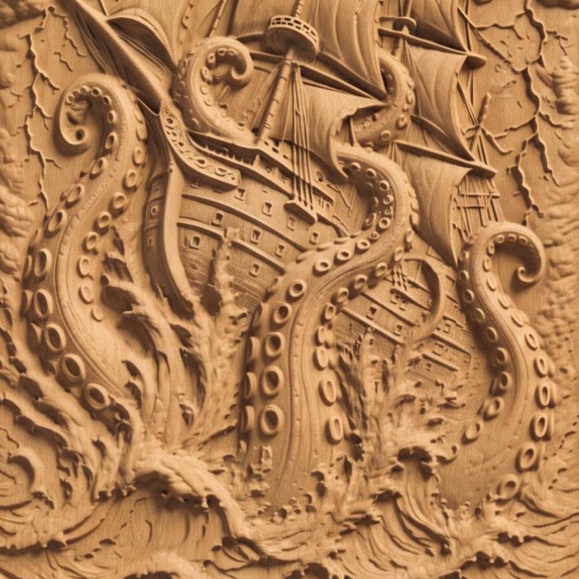 Kraken Drawing a Ship from Ancient Greek Mythology 3D Wooden Bas Relief Panel Art Sculptural Gift Idea Cretan Holy Carvings