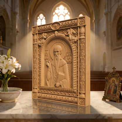 Saint Charalambos Wooden Carved Handmade Christian Icon | Byzantine Greek Orthodox Home Art Decor
