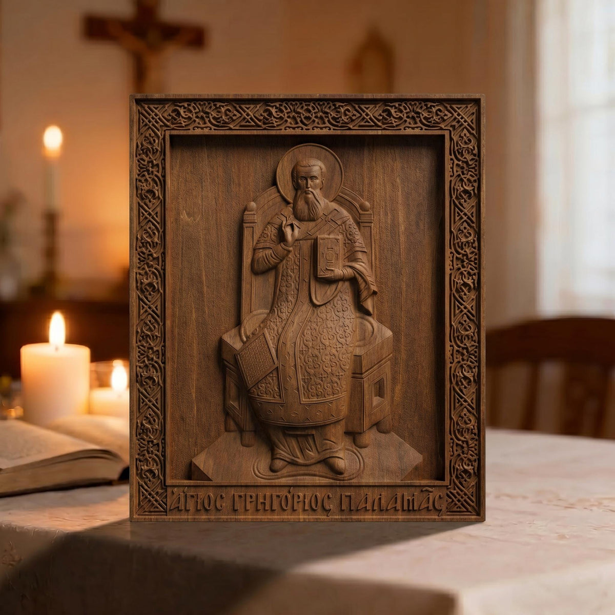 Saint Gregory Palamas Wooden Carved Handmade Christian Icon Patron Saint of Hesychasm Front Side Brown Oak Cretan Holy Carvings