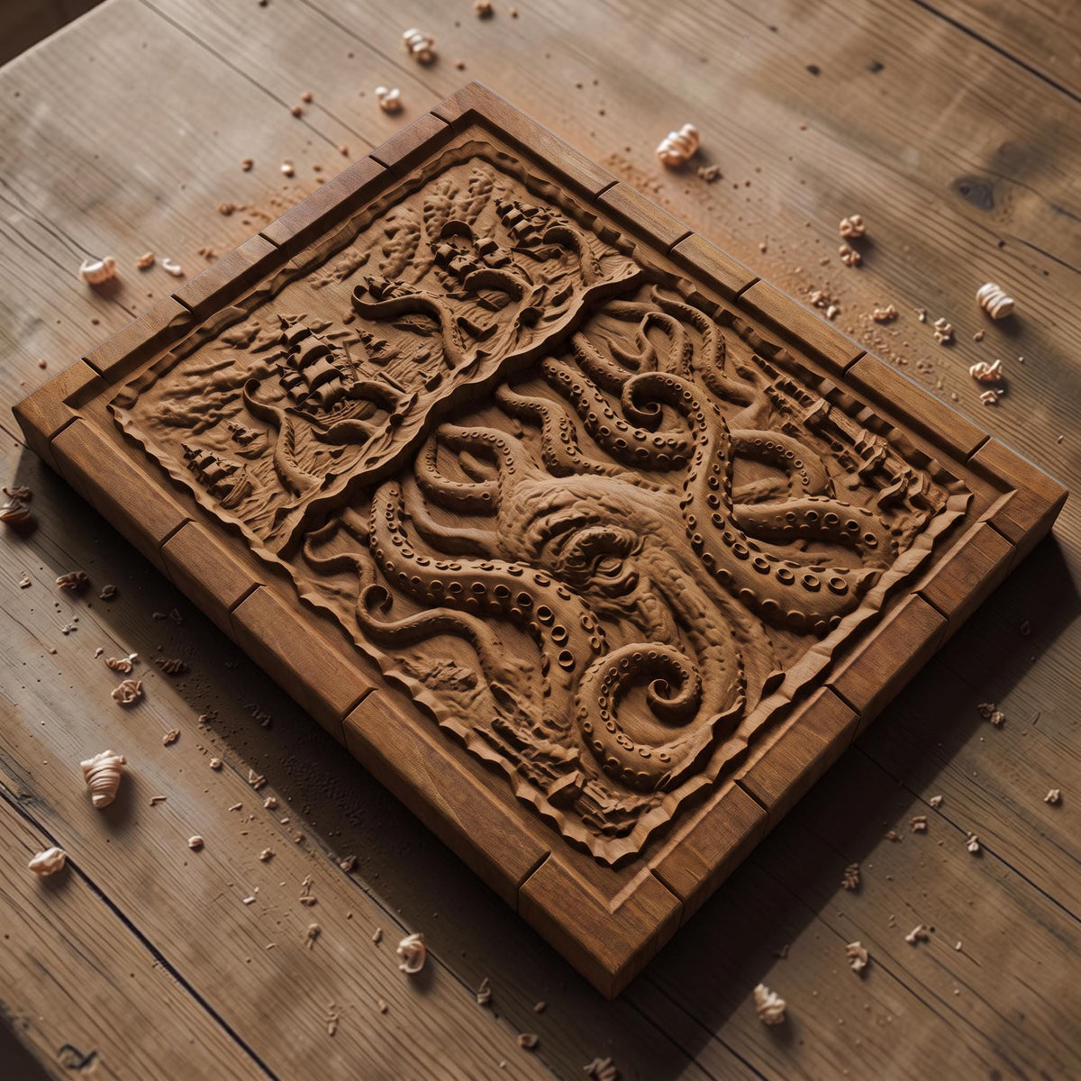 Kraken Atack on the Ships from Ancient Greek Mythology 3D Wooden Bas Relief Panel Art Sculptural Gift Idea Cretan Holy Carvings