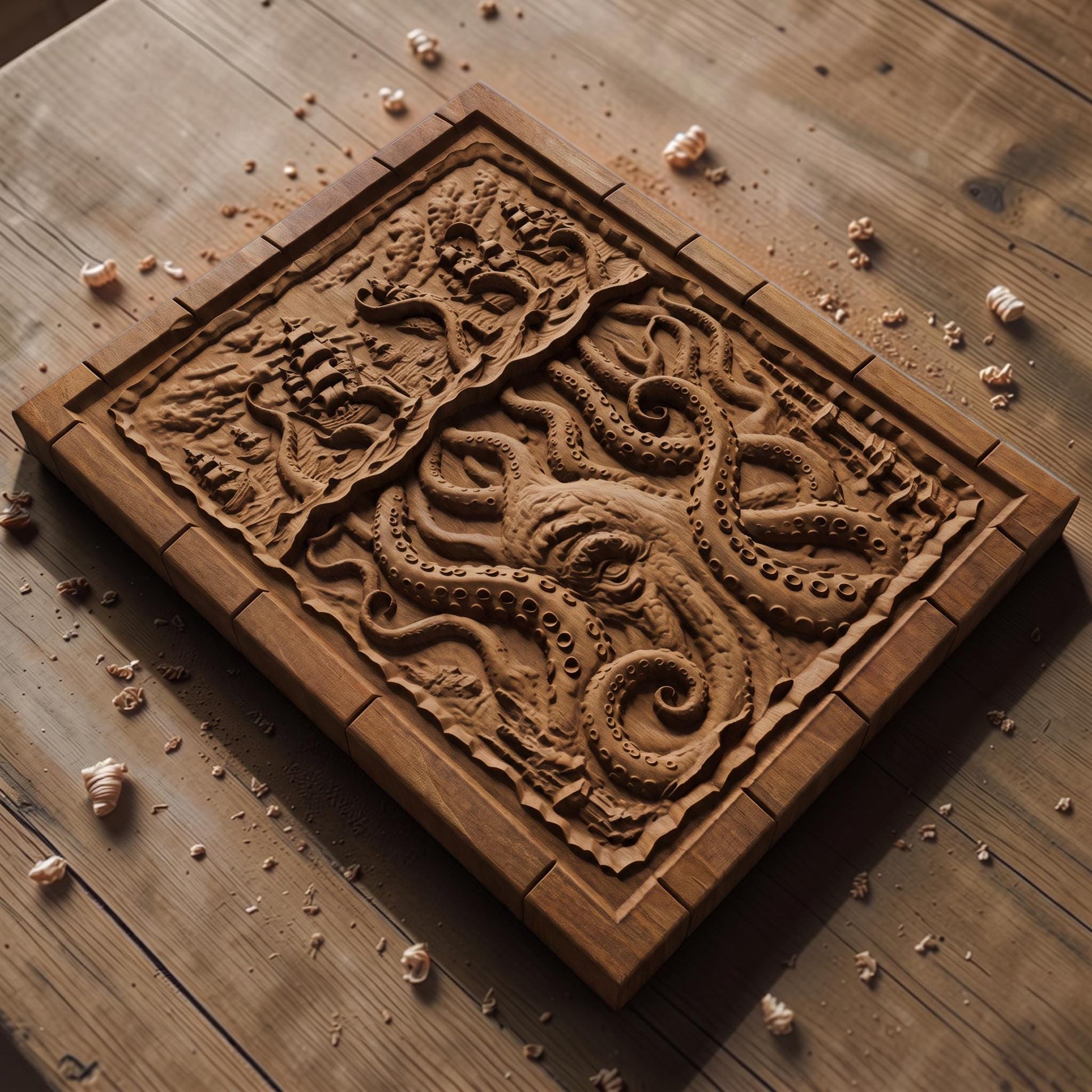 Kraken Atack on the Ships from Ancient Greek Mythology 3D Wooden Bas Relief Panel Art Sculptural Gift Idea Cretan Holy Carvings