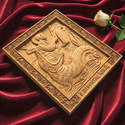 Prophet Jonah Wooden Carved Handmade Christian Icon. Byzantine Greek Orthodox Home Decor.
