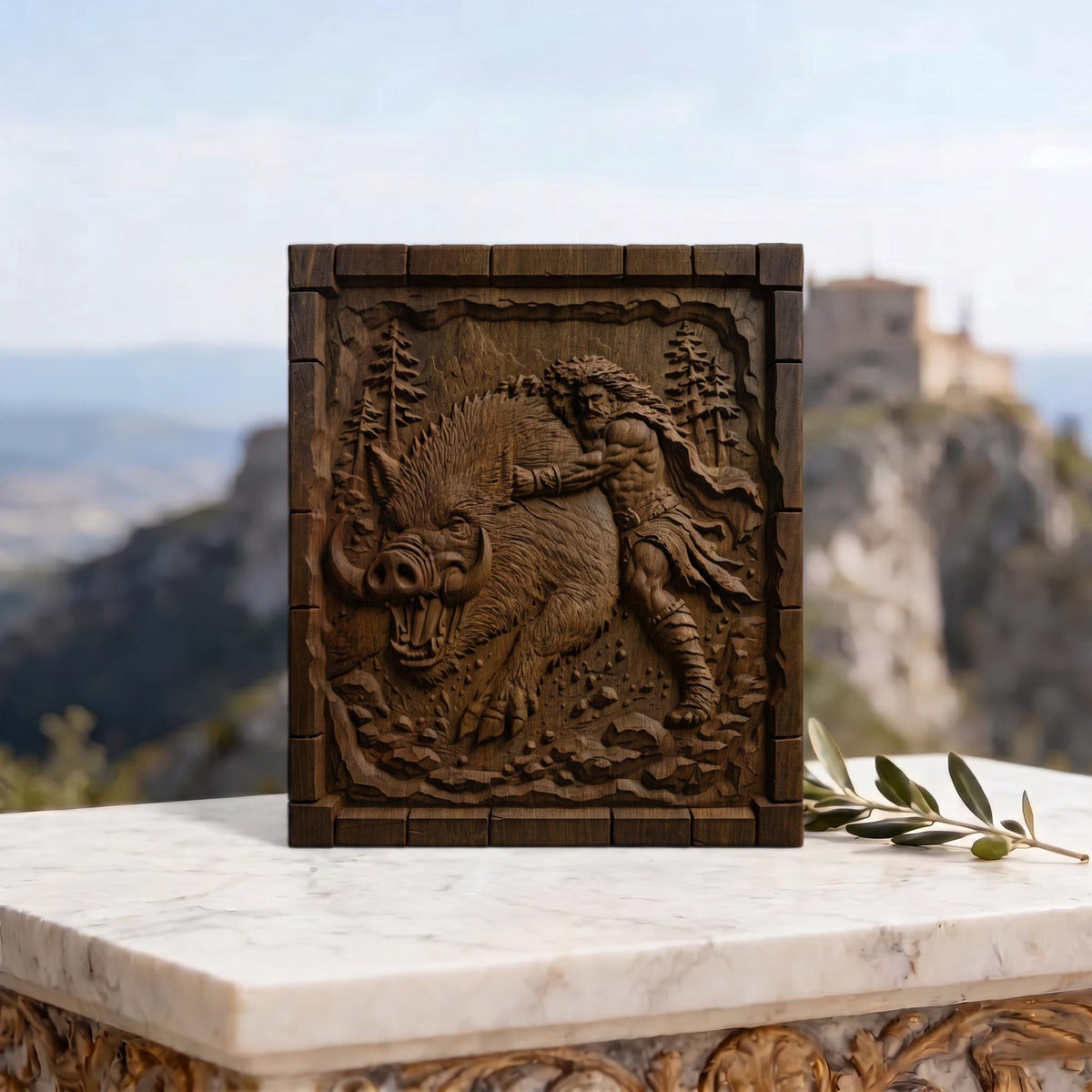 Hercules Fighting the Wild Boar from Ancient Greek Mythology 3D Wooden Bas Relief Panel Art Sculptural Gift Idea Cretan Holy Carvings