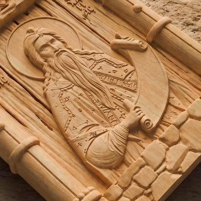 Prophet Zechariah Wooden Carved Handmade Christian Icon Patron Saint of Speech Difficulties Flat Side Natural Wood Color Cretan Holy Carvings