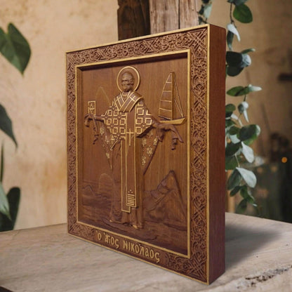 Saint Nicholas Wooden Carved Handmade Christian Icon. Byzantine Greek Orthodox Home Art Decor.