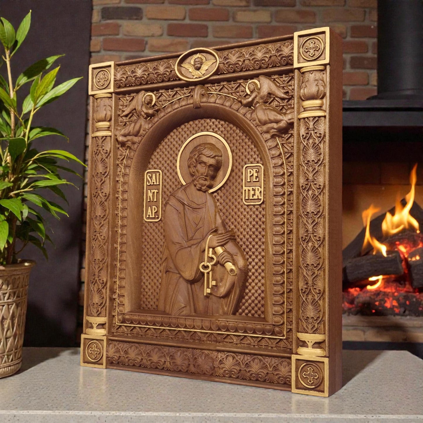 Saint Peter the Apostle Wooden Carved Handmade Christian Icon. Byzantine Greek Orthodox Home Art Decor.