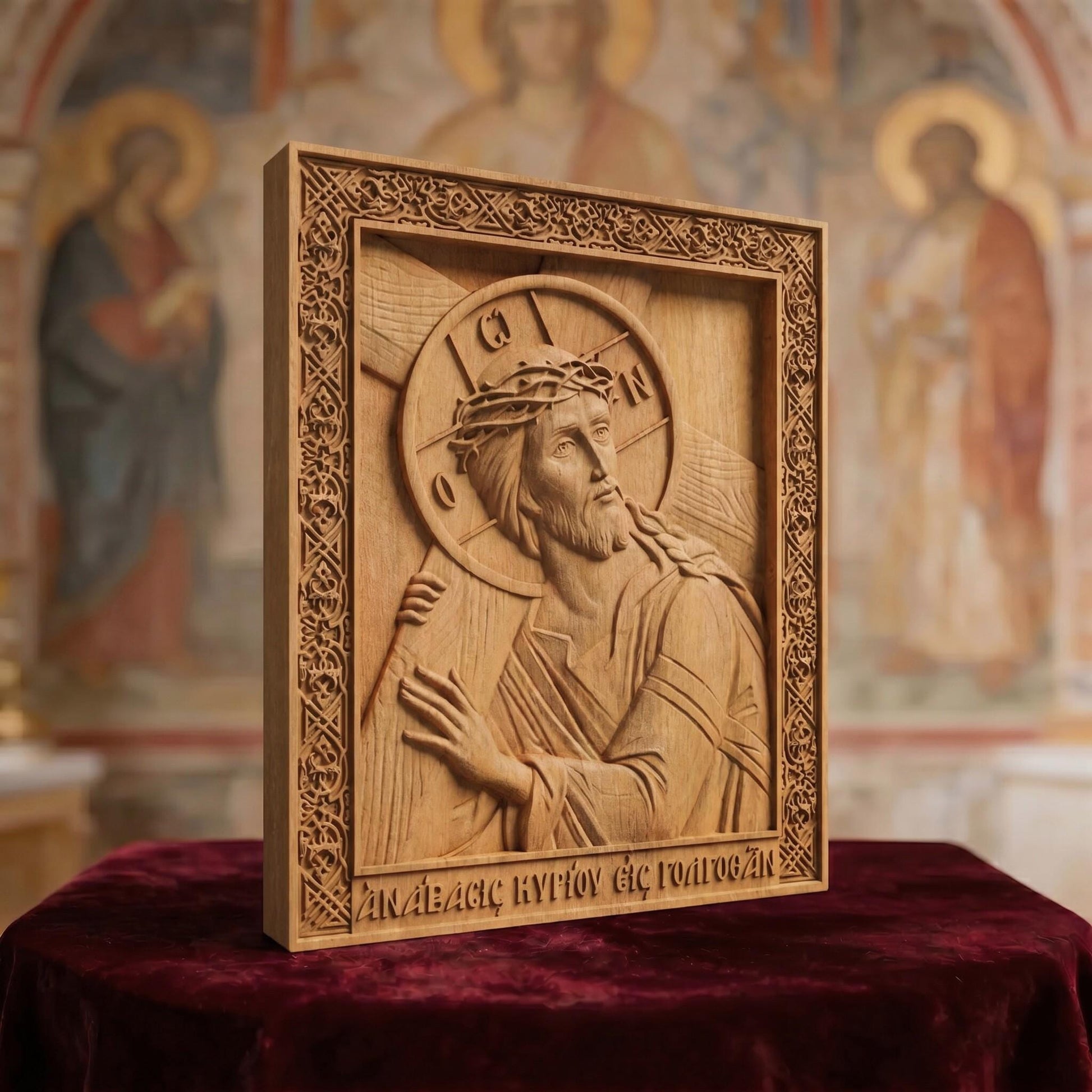 Jesus Christ Ascent to Golgotha Wooden Carved Handmade Christian Icon Left Side Natural Wood Color Cretan Holy Carvings