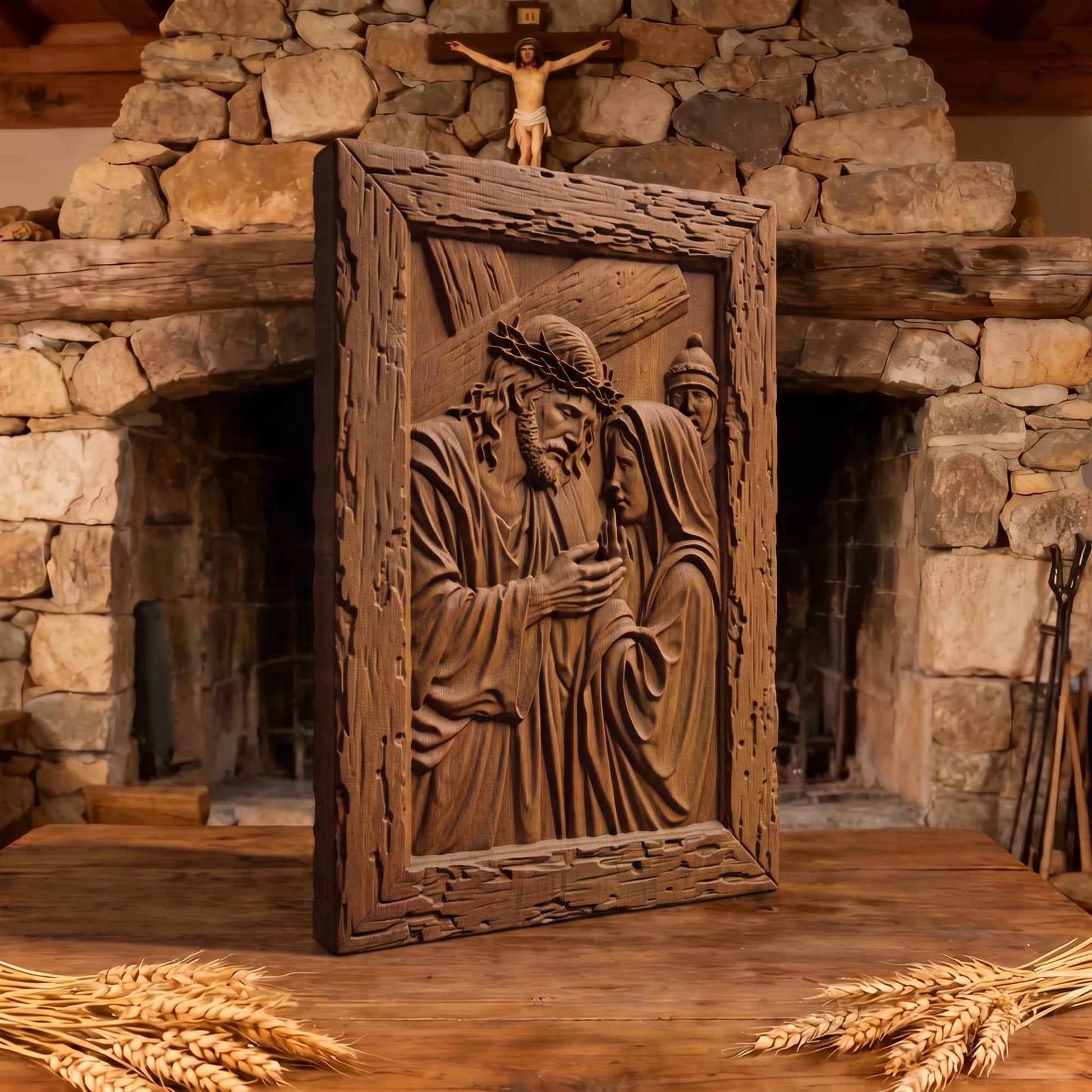 Virgin Mary Supports Jesus Wooden Carved Handmade Christian Icon  Byzantine Greek Orthodox Home Decor Cretan Holy Carvings