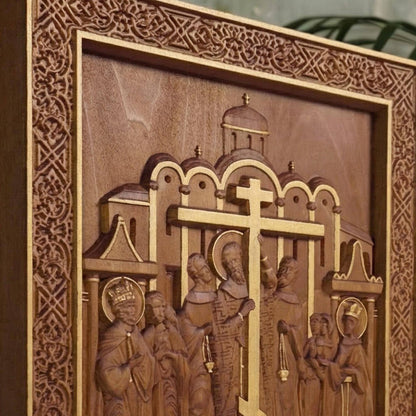 The Elevation of the Holy Cross Wooden Carved Handmade Christian Icon. Byzantine Greek Decor.