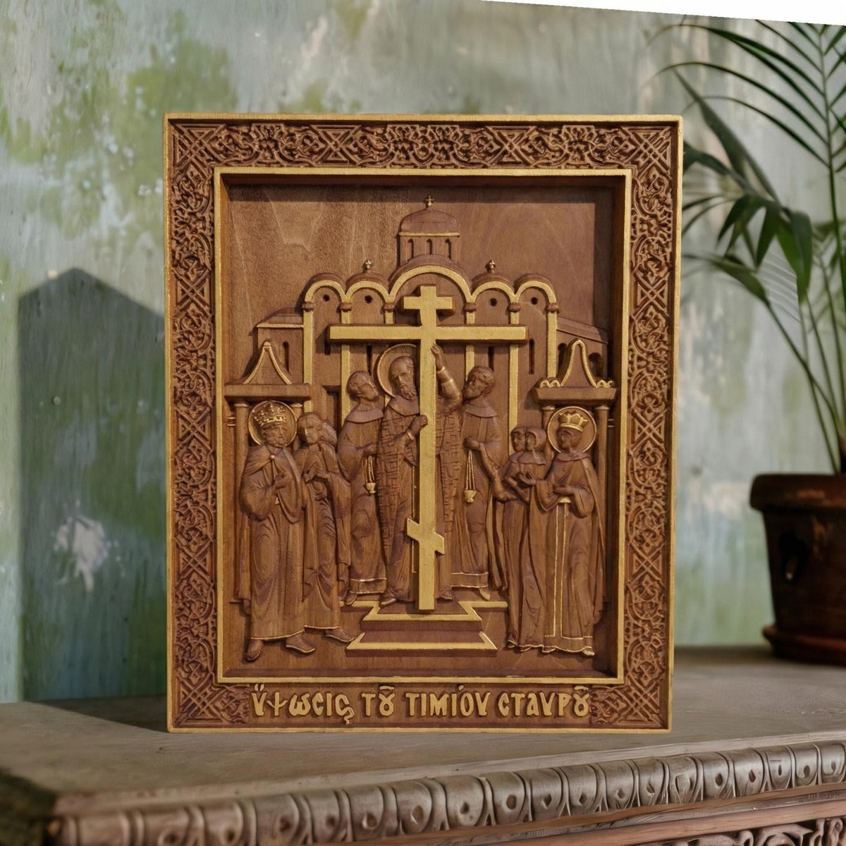The Elevation of the Holy Cross Wooden Carved Handmade Christian Icon. Byzantine Greek Decor.