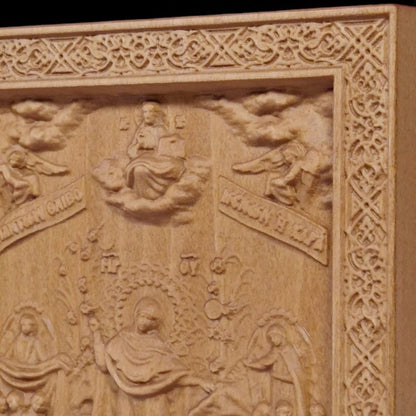 Mother of God Joy of All Who Sorrow Wooden Carved Handmade Christian Icon. Byzantine Greek Orthodox Home Art Decor.