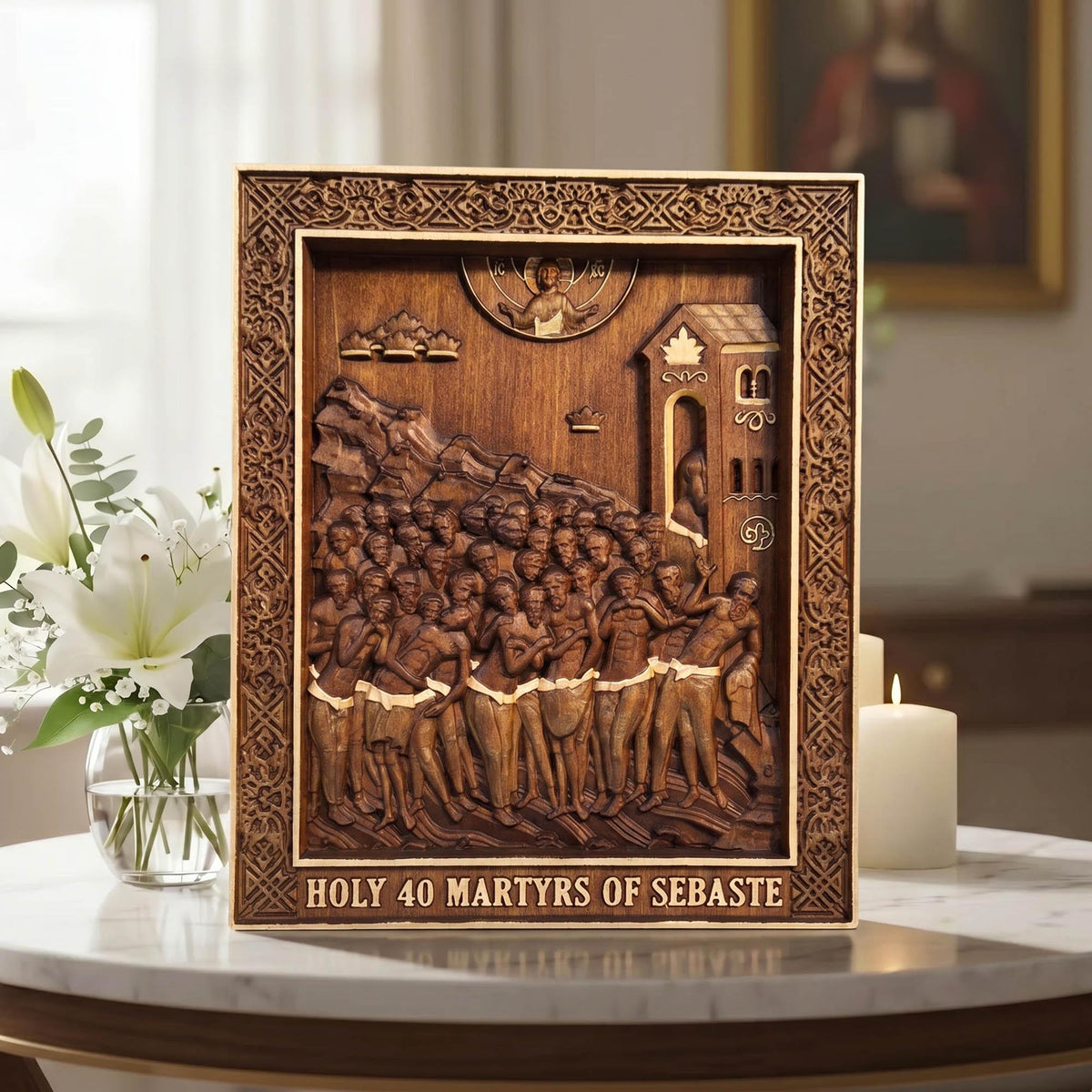 Forty Martyrs of Sebaste Wooden Carved Handmade Christian Icon Front Side Golden Dark Cretan Holy Carvings