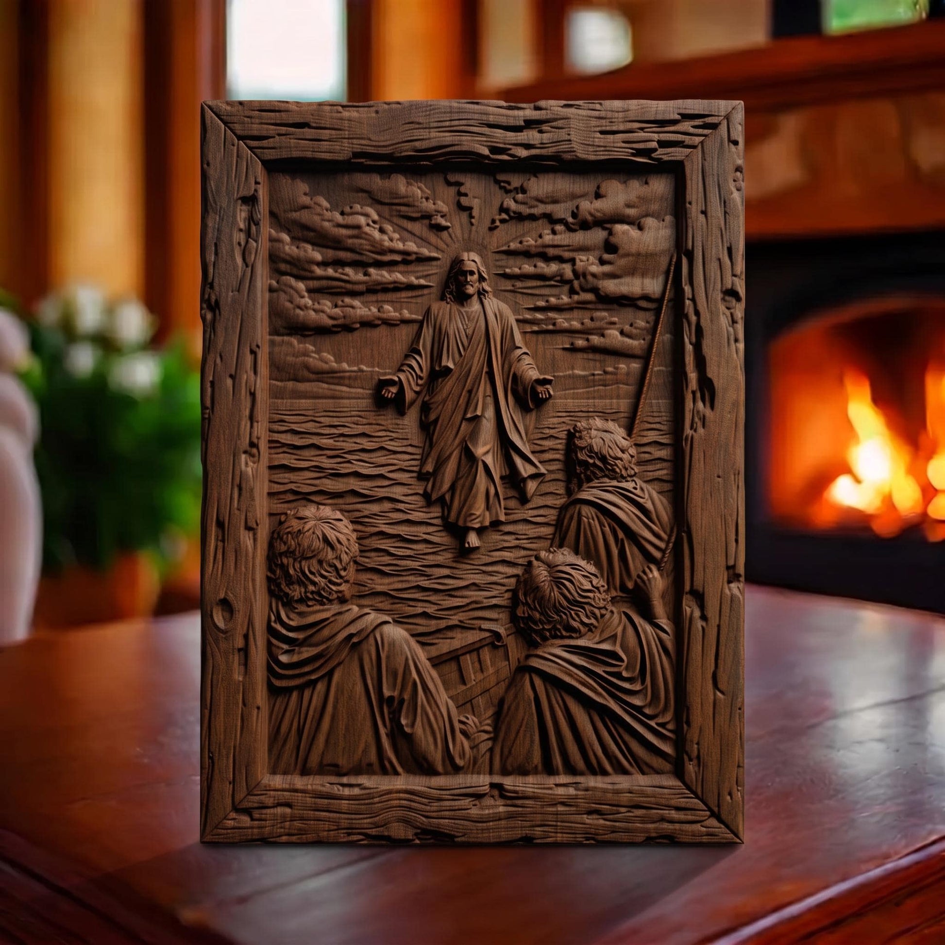 Jesus Christ Walks on the Sea Wooden Carved Handmade Christian Icon  Byzantine Greek Orthodox Home Art Decor Cretan Holy Carvings