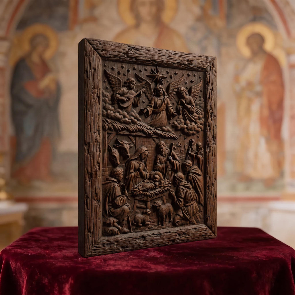 The Birth of Jesus Christ and the Shepherds Wooden Carved Handmade Christian Icon  Byzantine Greek Orthodox Home Decor Cretan Holy Carvings