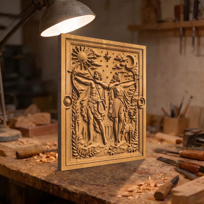 Apollo and Artemis Gods of Olympus 3D Wooden Bas Relief Panel Art Sculptural Gift Idea Cretan Holy Carvings