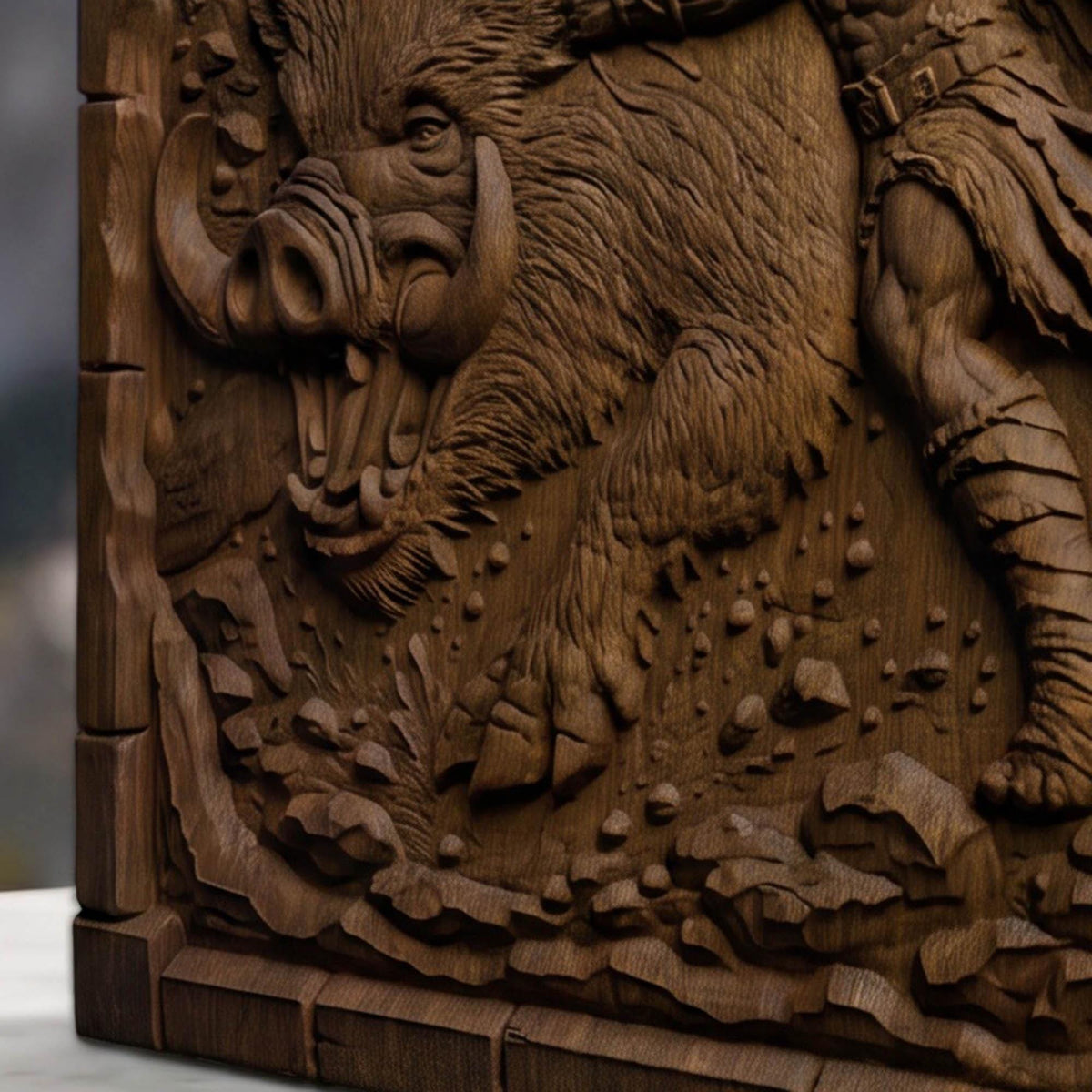 Hercules Fighting the Wild Boar from Ancient Greek Mythology 3D Wooden Bas Relief Panel Art Sculptural Gift Idea Cretan Holy Carvings